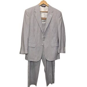 Jos. A. Bank Stays Cool Seersucker Suit Blue White Striped 2-Piece 40S Preppy